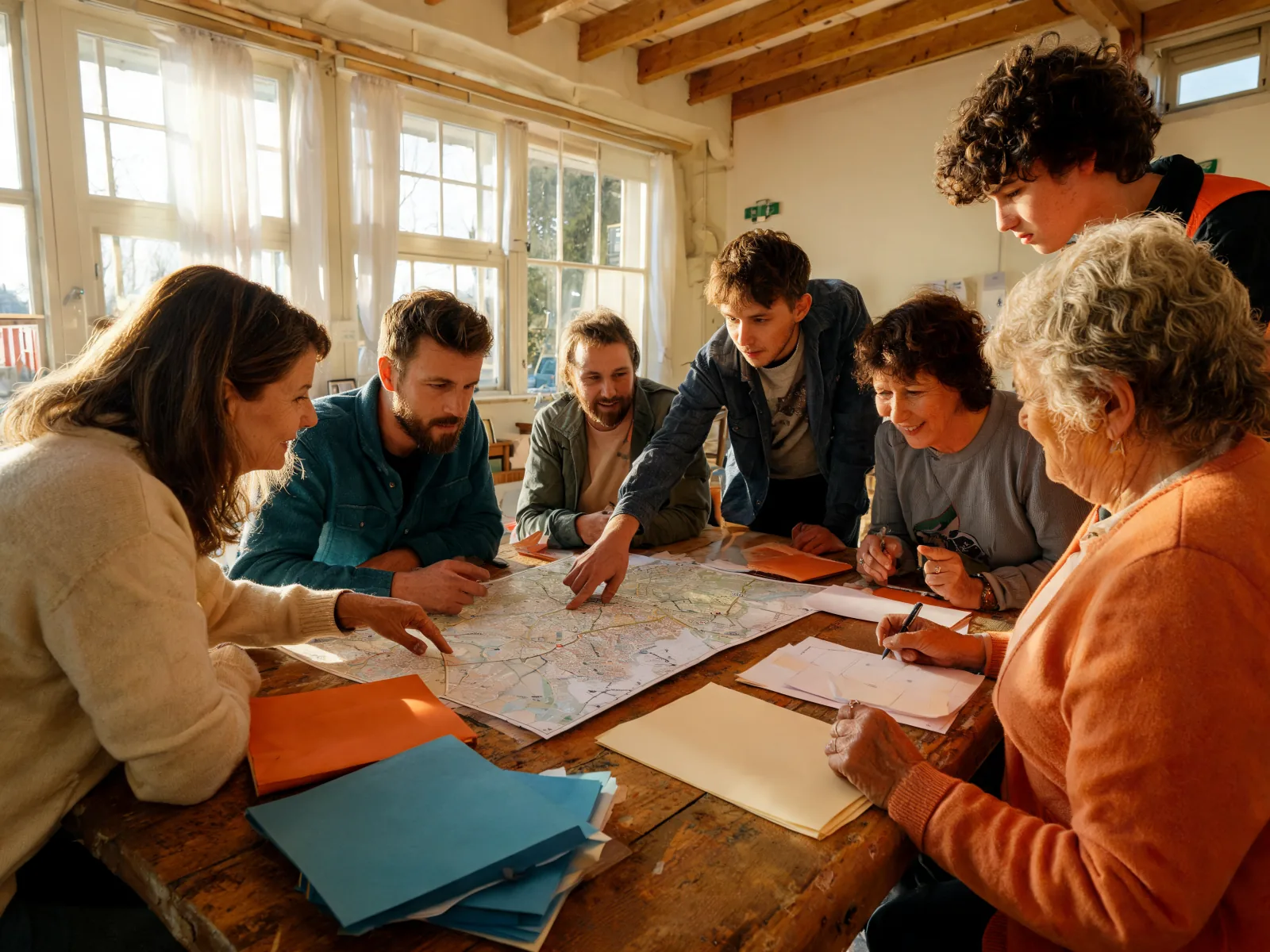 Conceptbeeld van een diverse groep die samen rond een kaart plannen maakt.